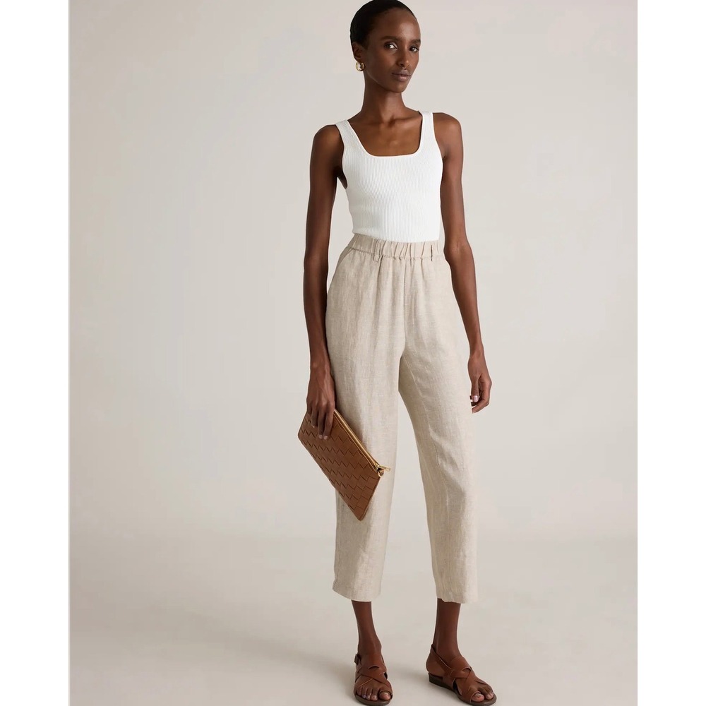 Quince Large Beige Linen Lagenlook Wide Leg Cropped Pants Coastal Grandmother